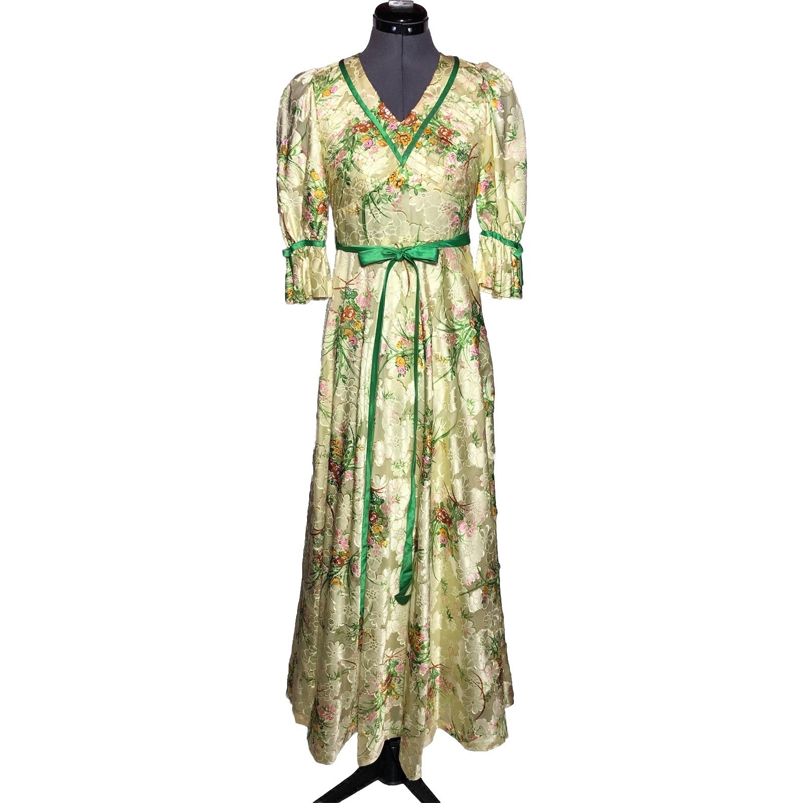 Vintage 1970s Boho Dress Floral Brocade Maxi Dress Festival Gown Stained Xs